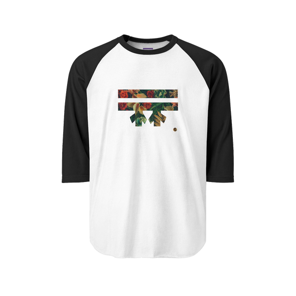 white body, black sleeves with an autumn themed floral pattern Freebrd logo design