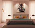 Modern bedroom with a bed, with Freebrd’s “Biddy” abstract painting on the wall, and two lamps.