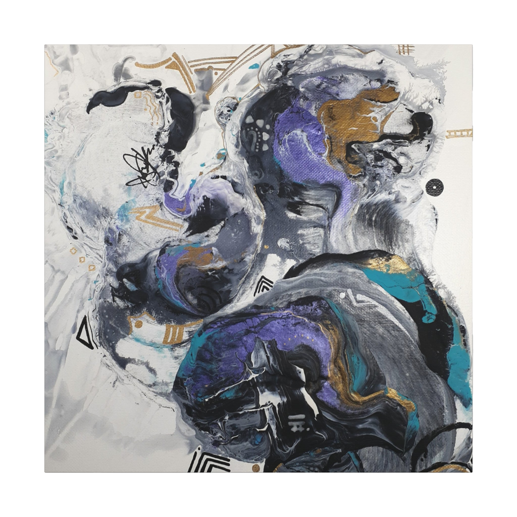 36”x 36” Modern Abstract “Biddy” Freebrd art piece with a mix of blues, purple, silver, black, gold and white on a 1.25 Inch canvas