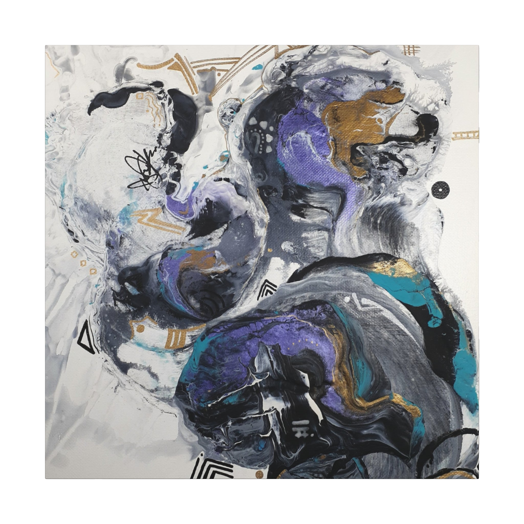 36”x 36” Modern Abstract “Biddy” Freebrd art piece with a mix of blues, purple, silver, black, gold and white on a 1.25 Inch canvas