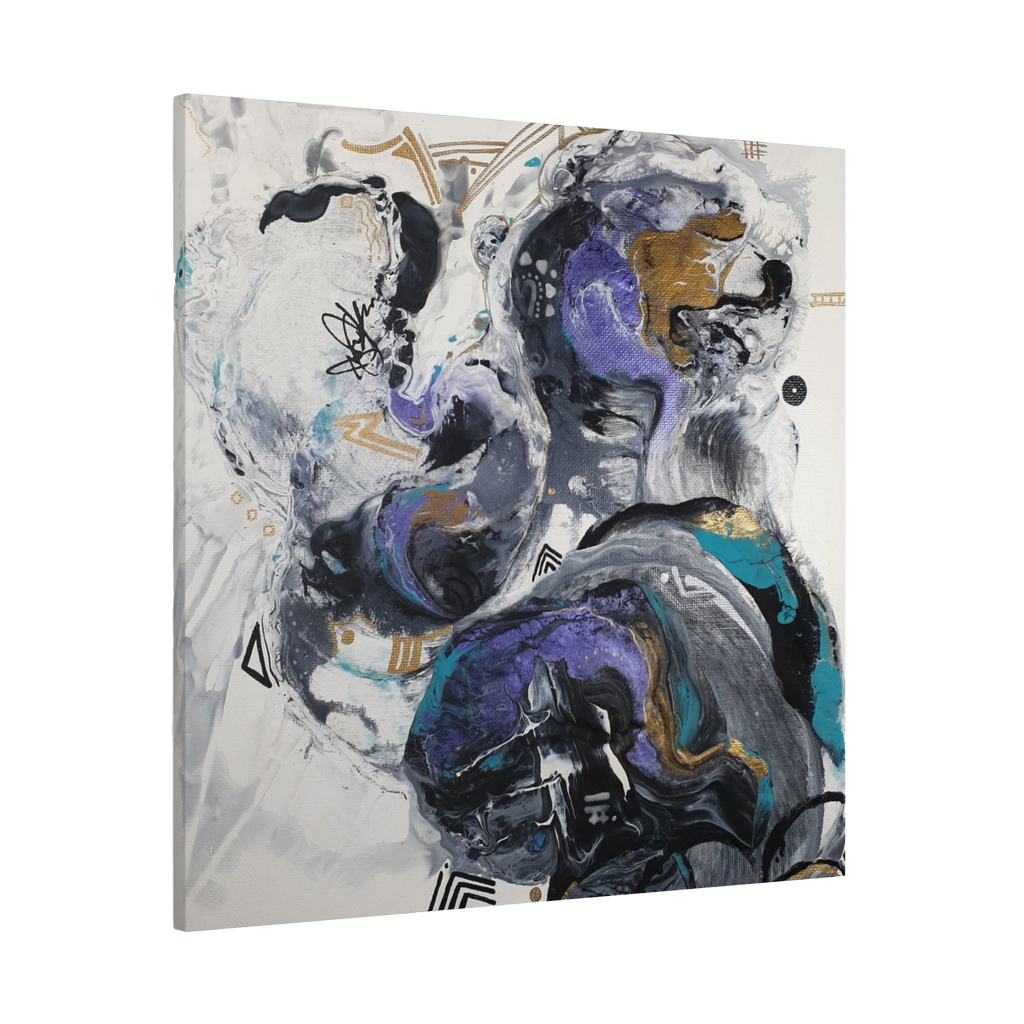 36”x 36” Modern Abstract “Biddy” Freebrd art piece with a mix of blues, purple, silver, black, gold and white on a 1.25 Inch canvas