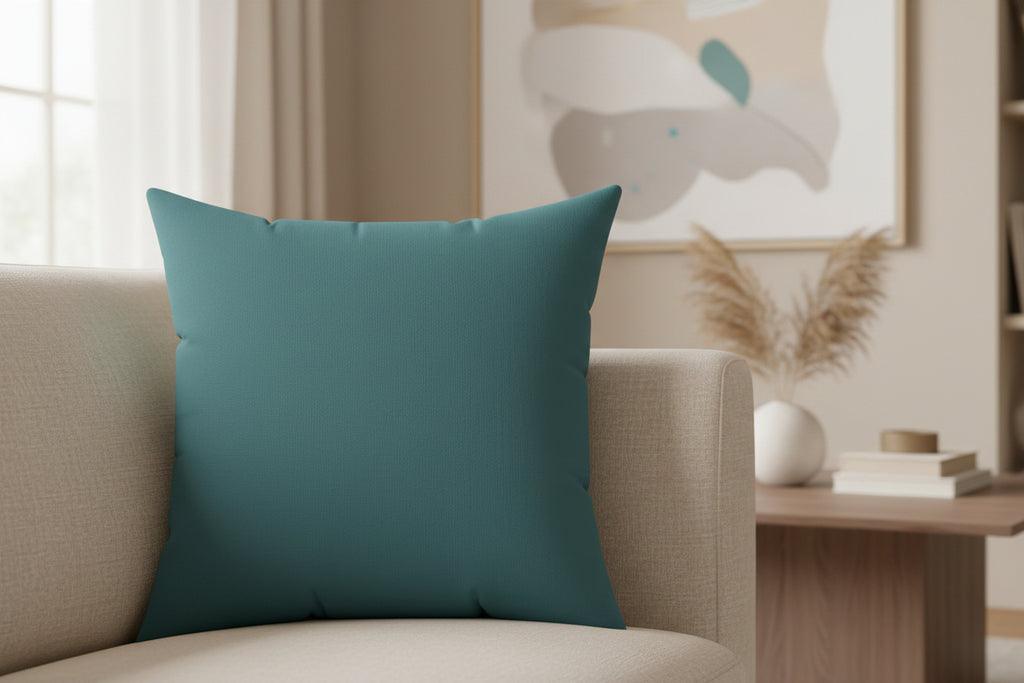 Bismark Luxury Faux Suede Square Pillow on a beige sofa in a living room setting with books and decor.