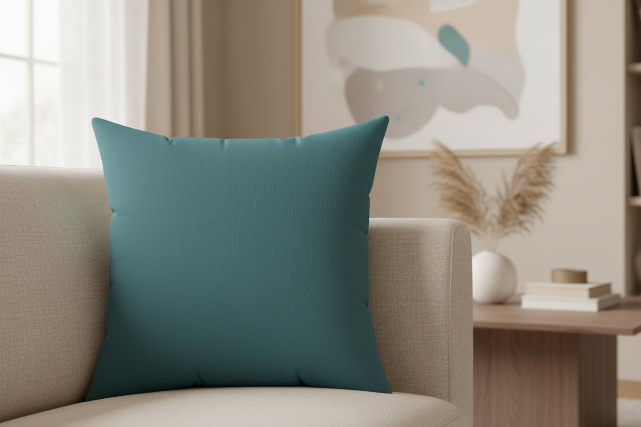 Bismark Luxury Faux Suede Square Pillow on a beige sofa in a living room setting with books and decor.