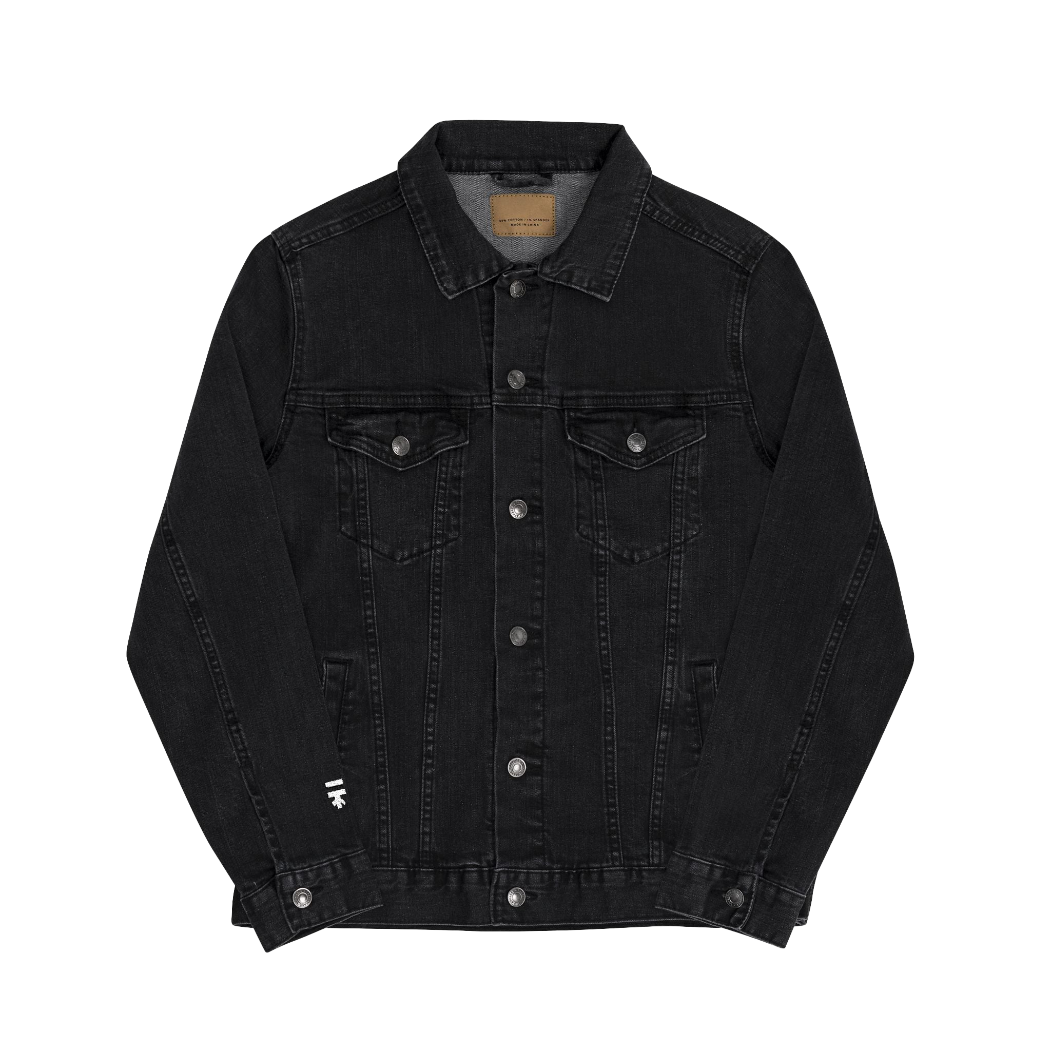 Black Denim Trucker Jacket Dual chest pockets and sturdy button closures embroidered white Freebrd logo on right sleeve
