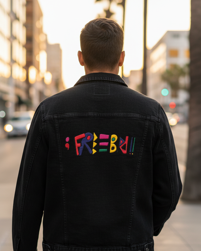 Person wearing a embroidered black denim jacket with colorful 'FREEBRD' text on the back, walking down a city street.