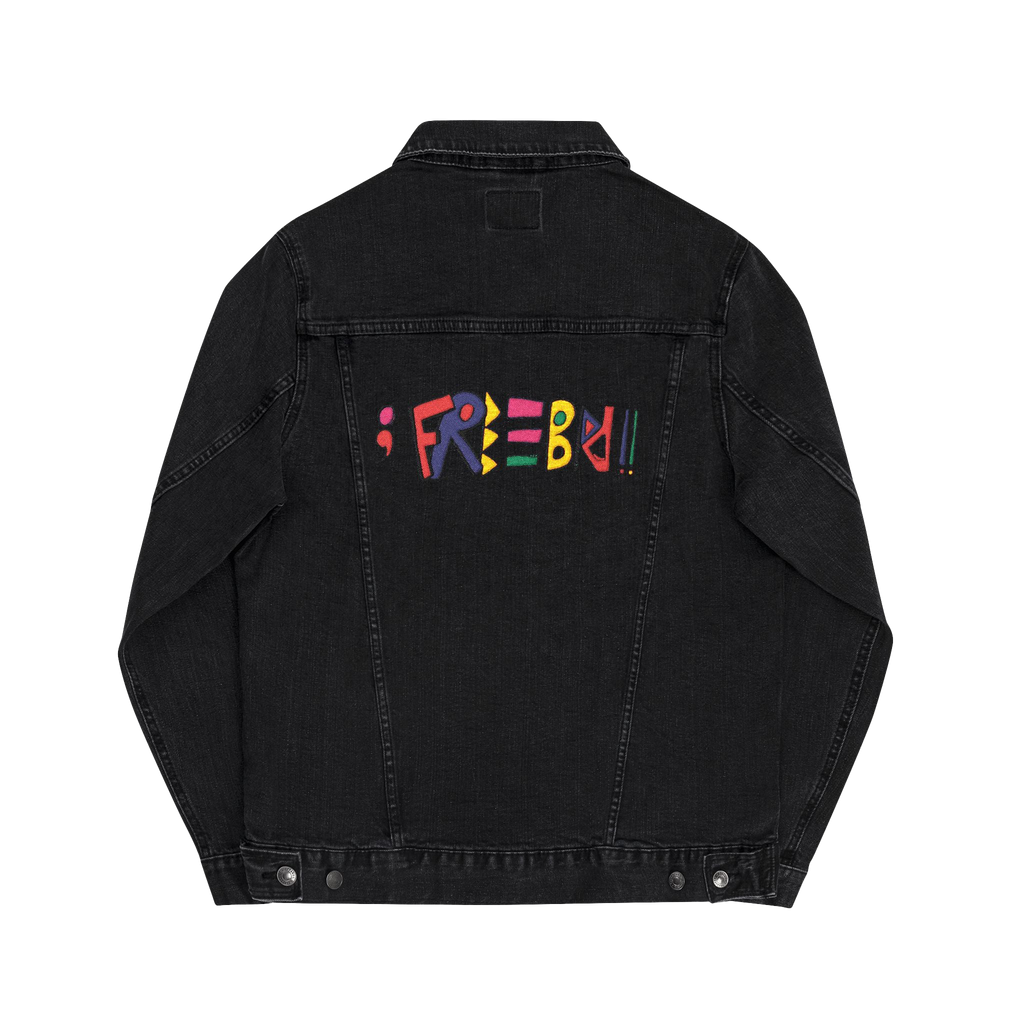 Freebrd Retro Logo Embroidered on Back of Black Denim Trucker Jacket 