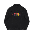 Freebrd Retro Logo Embroidered on Back of Black Denim Trucker Jacket 