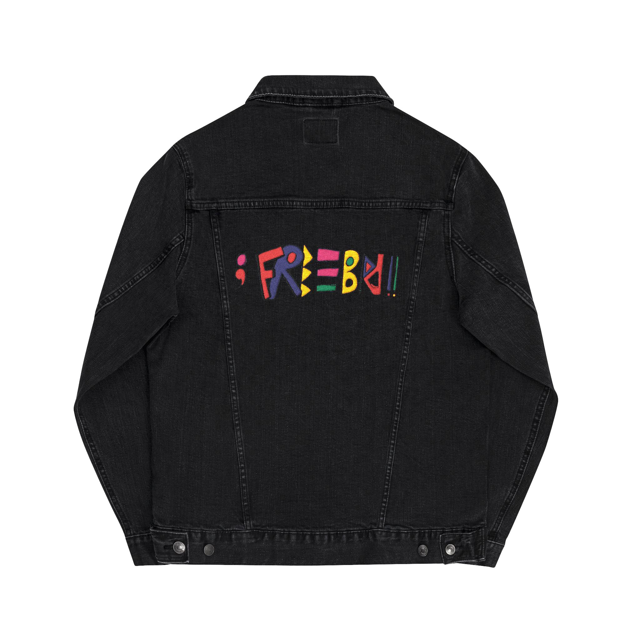 Freebrd Retro Logo Embroidered on Back of Black Denim Trucker Jacket 