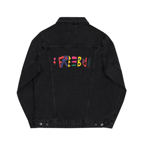 Freebrd Retro Logo Embroidered on Back of Black Denim Trucker Jacket 