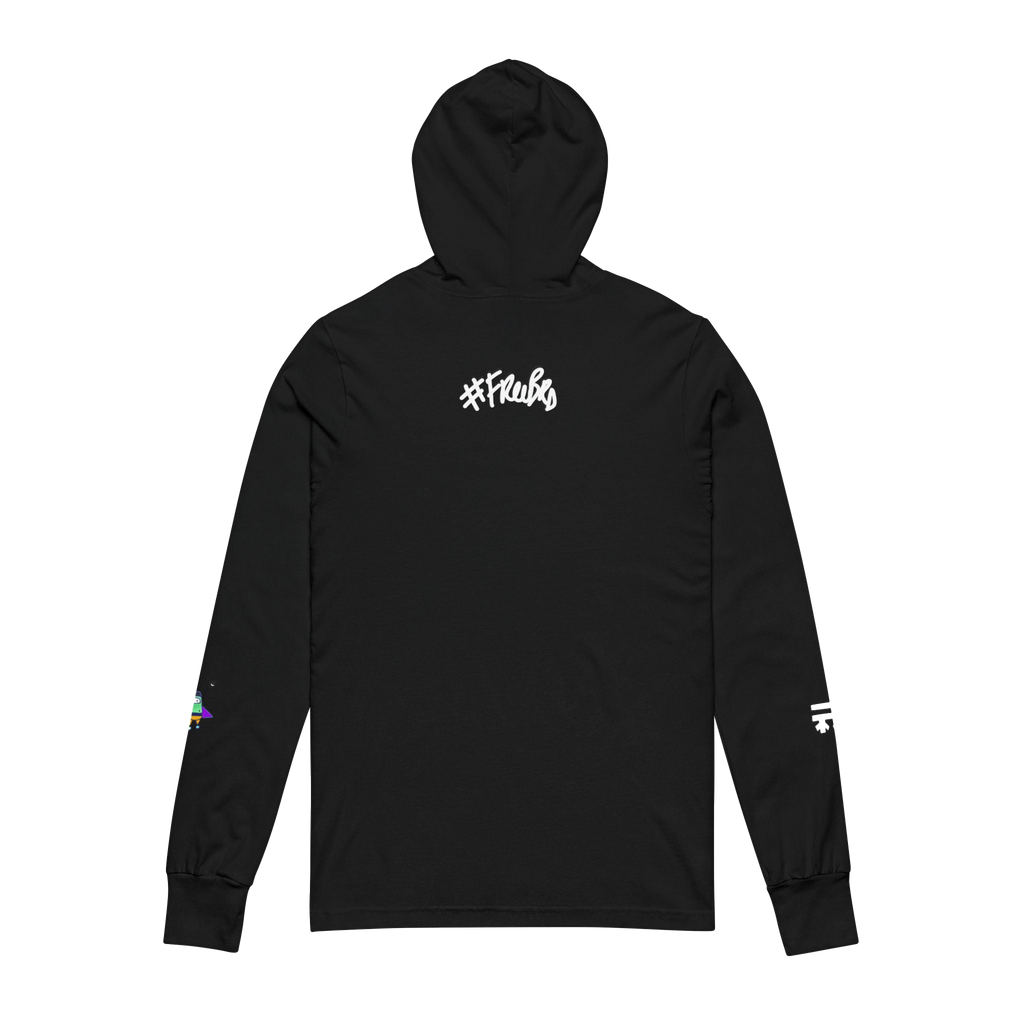 Black Hooded Active Street wear with Freebrd "space flight" graphic on left sleeve, and white Freebrd logo on right sleeve along with "#freebrd" in white letters center back of apparel