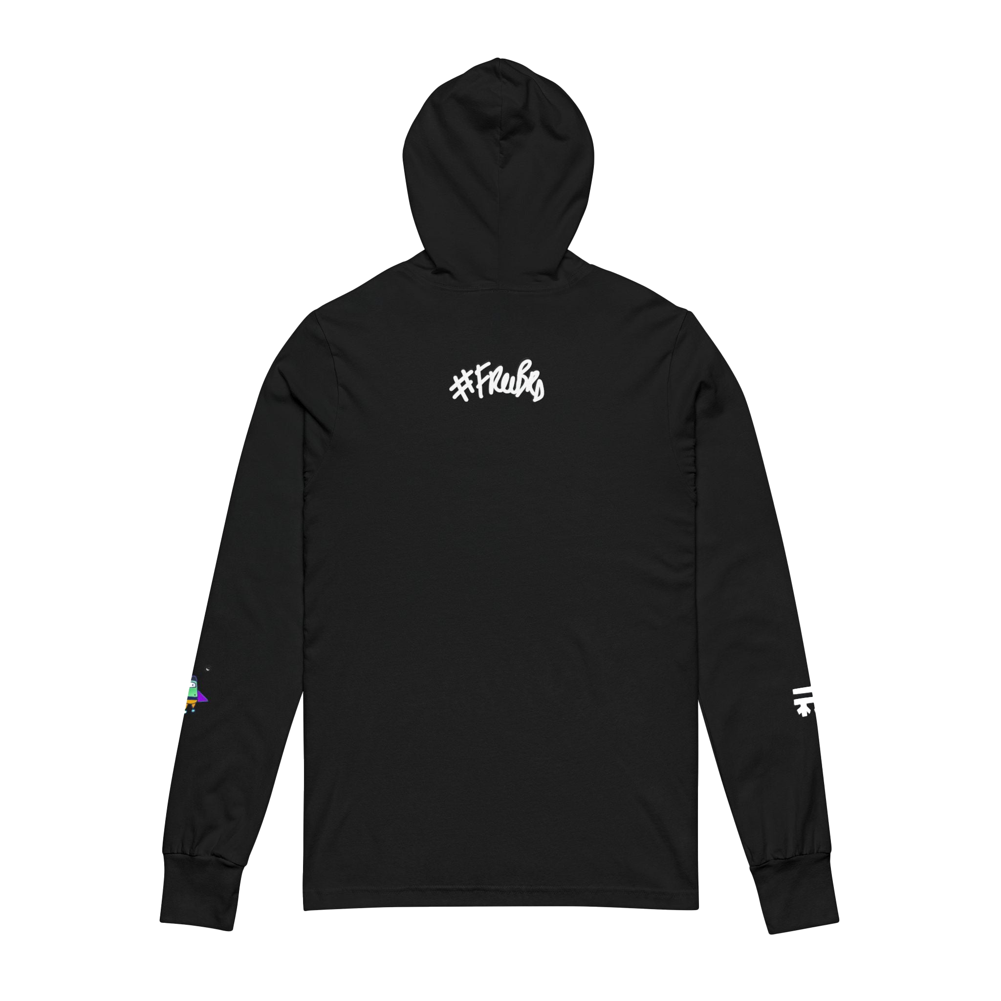 Black Hooded Active Street wear with Freebrd "space flight" graphic on left sleeve, and white Freebrd logo on right sleeve along with "#freebrd" in white letters center back of apparel