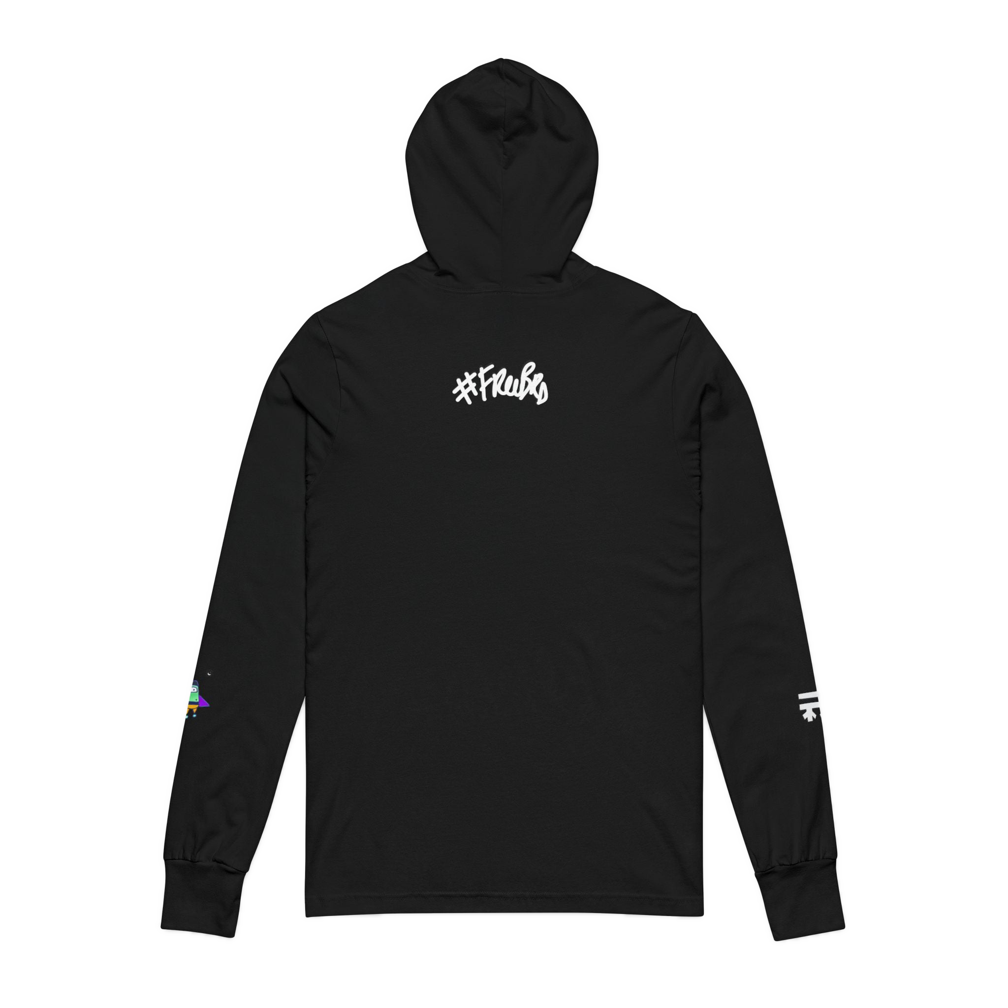 Black Hooded Active Street wear with Freebrd "space flight" graphic on left sleeve, and white Freebrd logo on right sleeve along with "#freebrd" in white letters center back of apparel