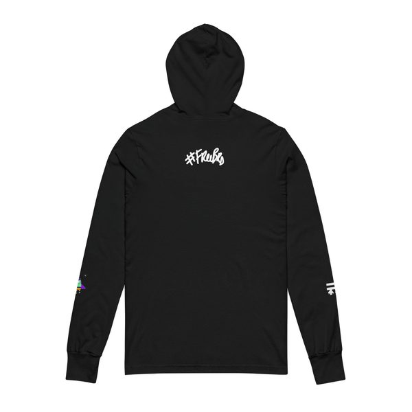 Black Hooded Active Street wear with Freebrd "space flight" graphic on left sleeve, and white Freebrd logo on right sleeve along with "#freebrd" in white letters center back of apparel