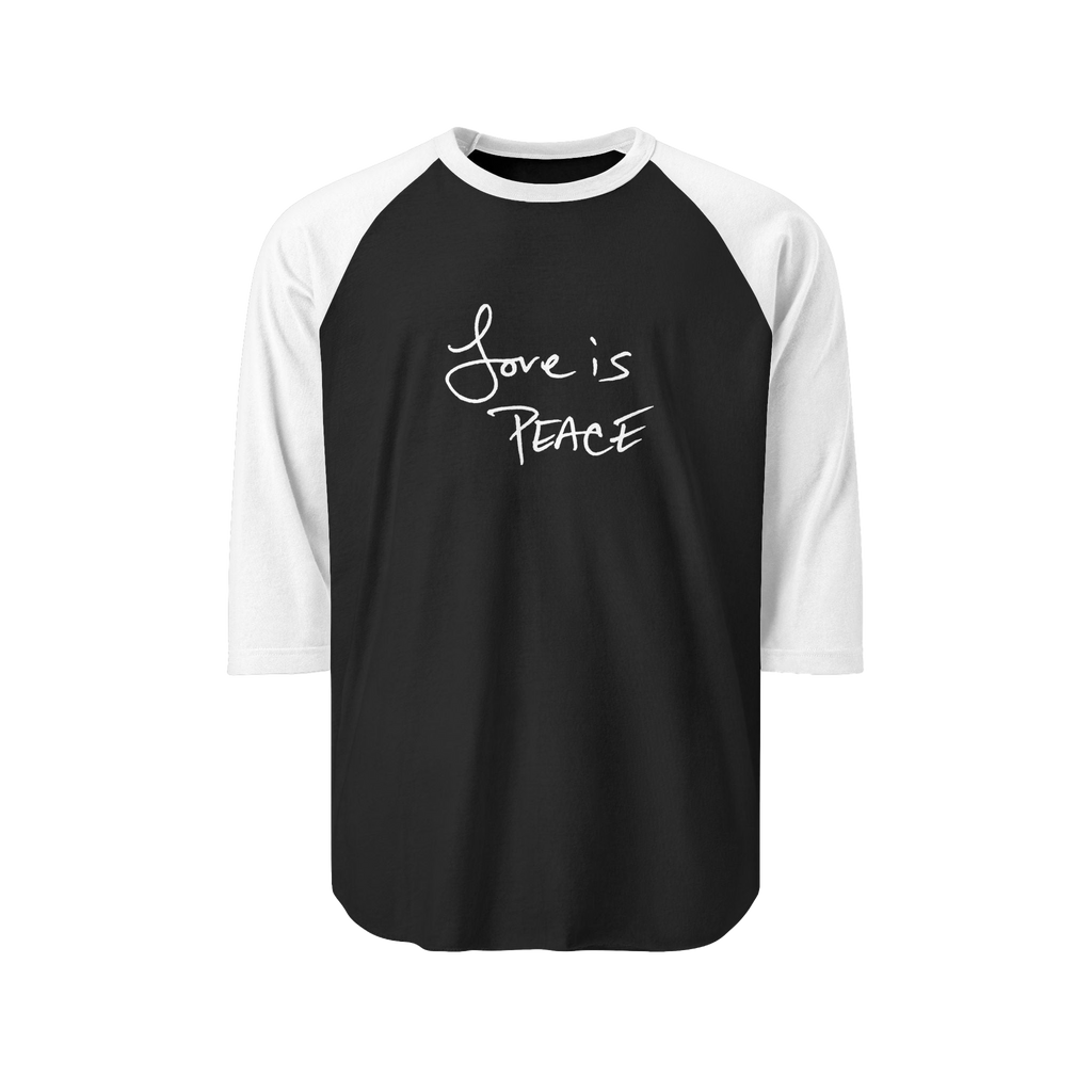 Black/White Unisex three-quarter Sleeve Baseball Raglan Tee white Sleeves on black Shirt and "Love is Peace" in white text  

