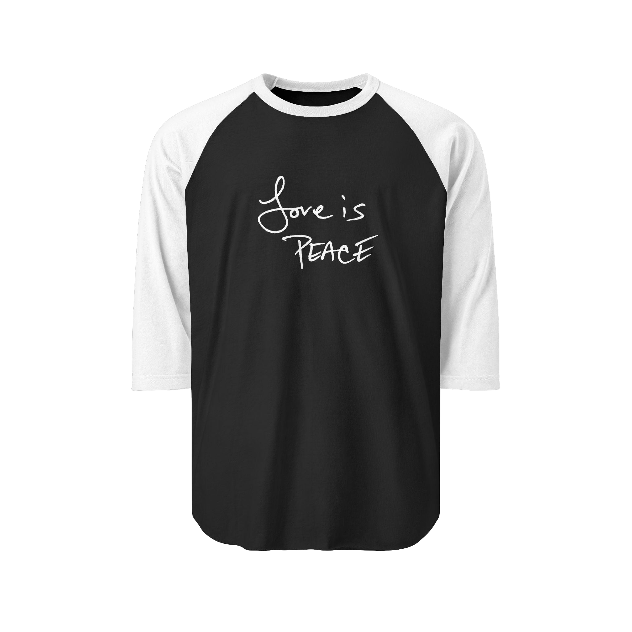 Black/White Unisex three-quarter Sleeve Baseball Raglan Tee white Sleeves on black Shirt and "Love is Peace" in white text  

