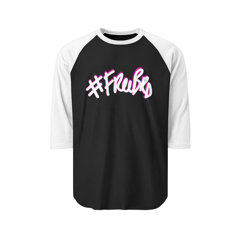 100% ring-spun cotton Raglan Shirt with  black torso and white sleeves and hashtag Freebrd in white text with a hot pink shadow 
