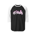 100% ring-spun cotton Raglan Shirt with  black torso and white sleeves and hashtag Freebrd in white text with a hot pink shadow 
