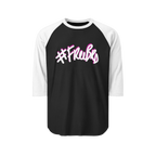 100% ring-spun cotton Raglan Shirt with  black torso and white sleeves and hashtag Freebrd in white text with a hot pink shadow 

