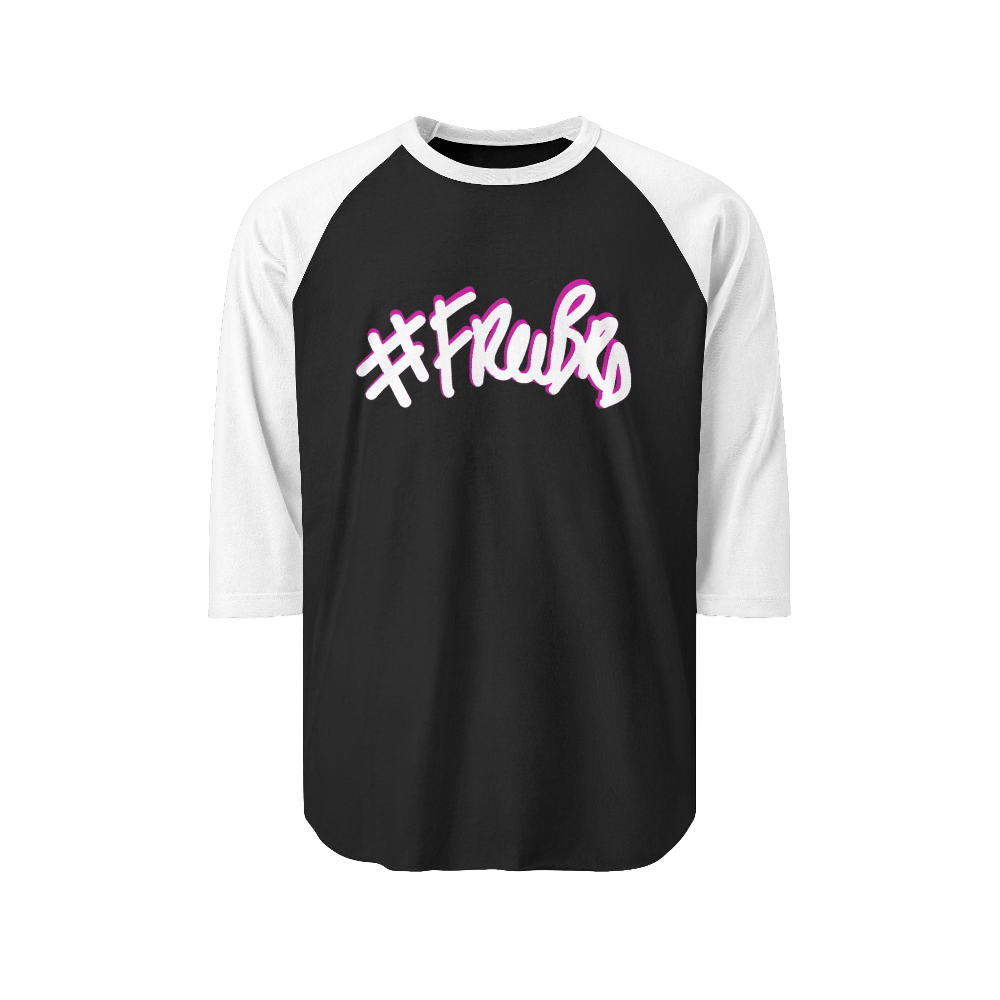 100% ring-spun cotton Raglan Shirt with  black torso and white sleeves and hashtag Freebrd in white text with a hot pink shadow 
