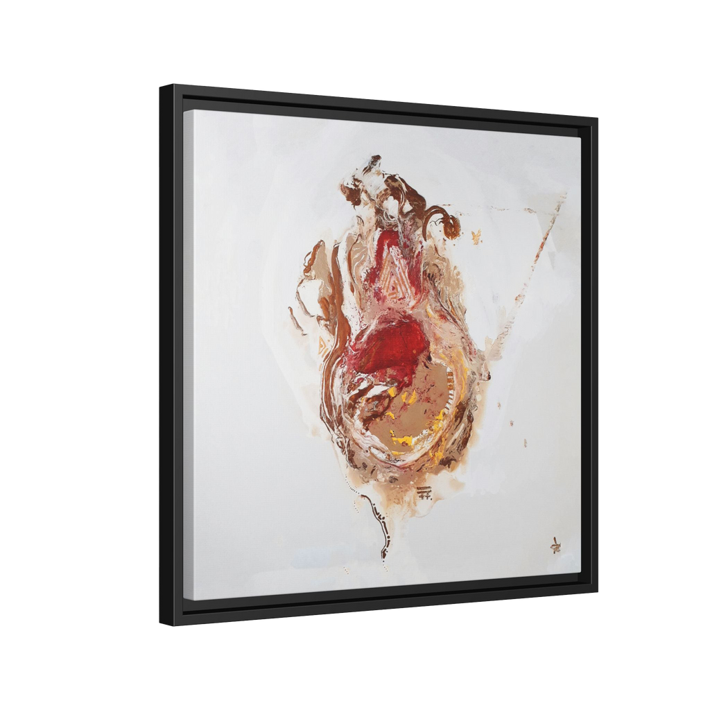  20″ x 20″ "Face Lift" Freebrd Abstract Acrylic Painting Wall Art Print of a stylized figure with a black frame and red earth tones on a light background