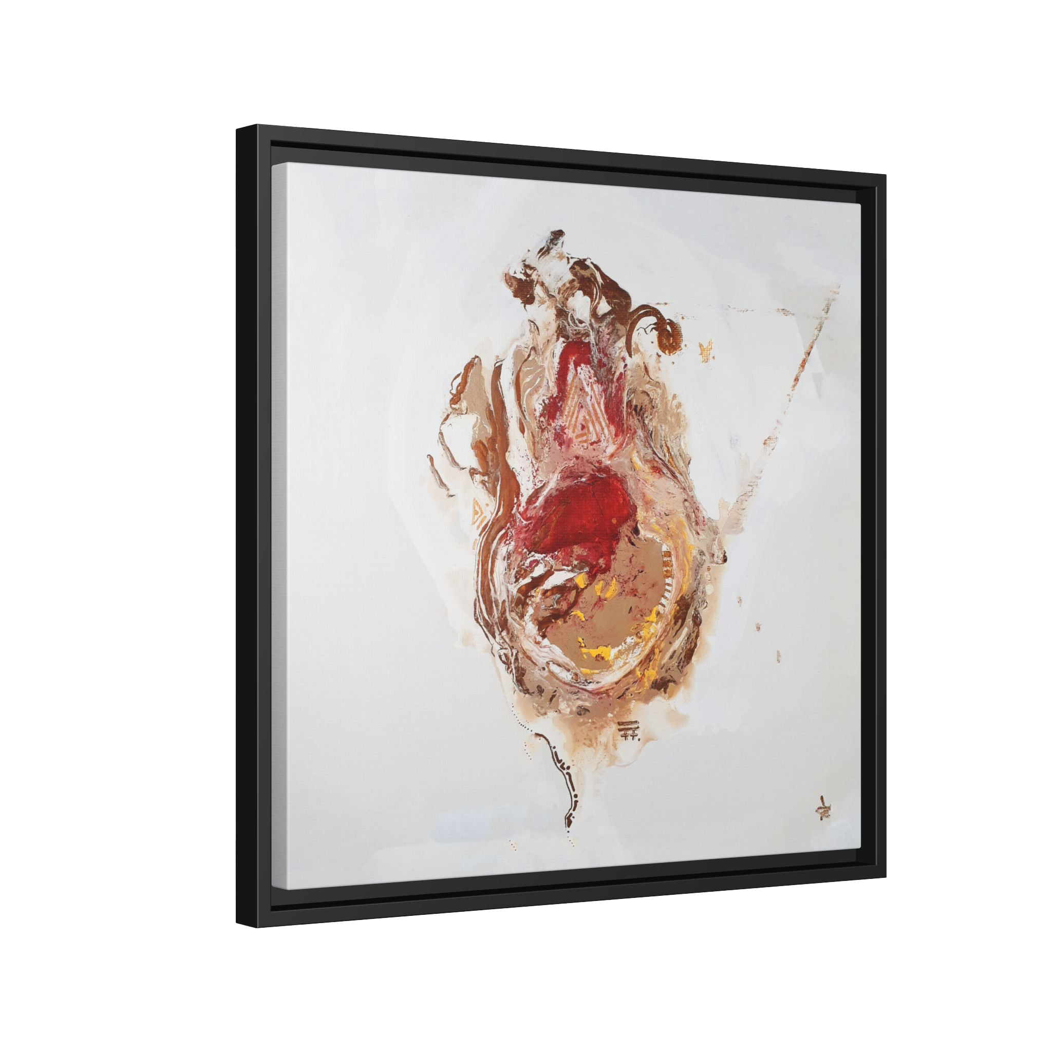  20″ x 20″ "Face Lift" Freebrd Abstract Acrylic Painting Wall Art Print of a stylized figure with a black frame and red earth tones on a light background