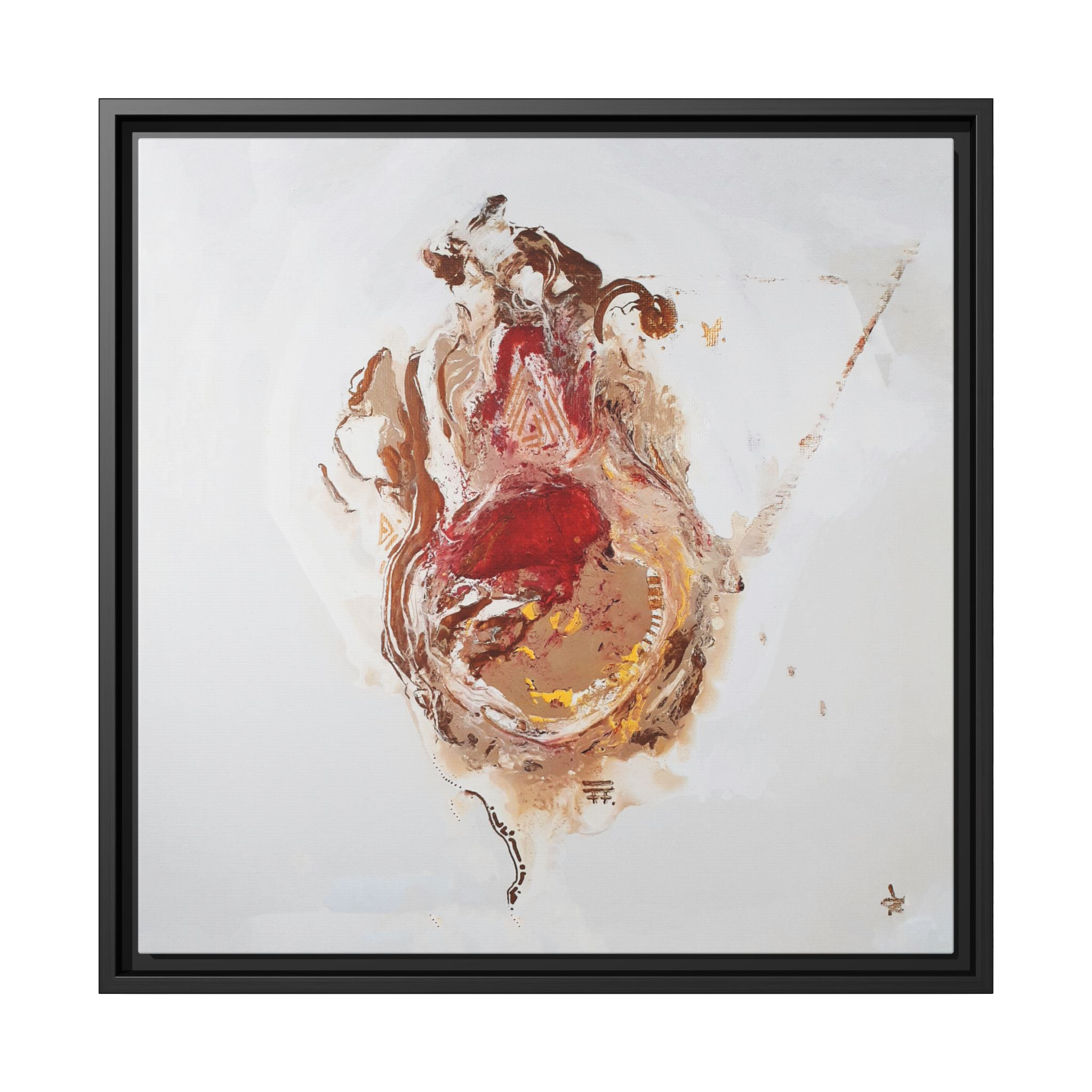 20″ x 20″ "Face Lift" Freebrd Abstract Acrylic Painting Wall Art Print of a stylized figure with a black frame and earth tones