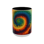 Colorful spiral-patterned mug with black ceramic handle and insides

