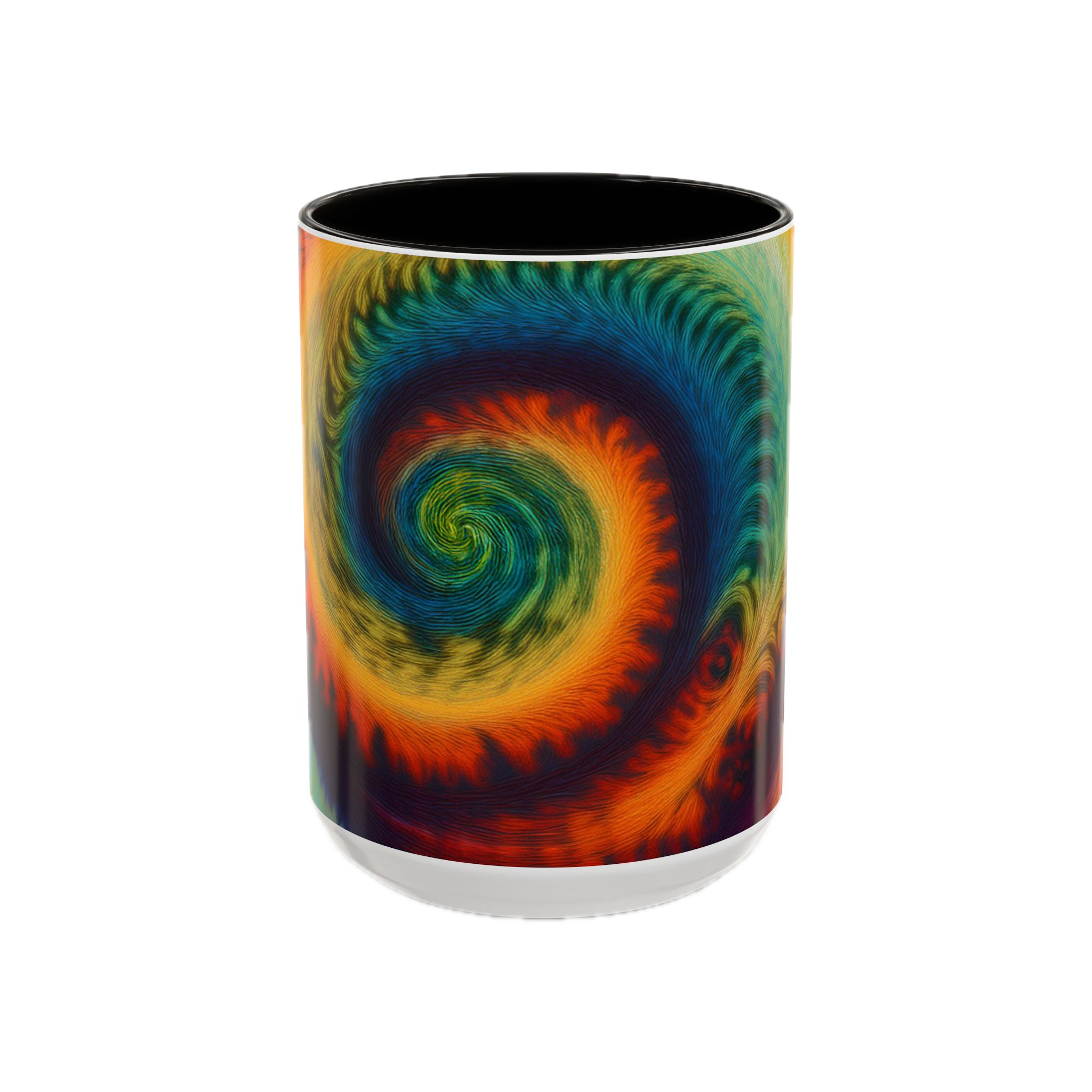 Colorful spiral-patterned mug with black ceramic handle and insides

