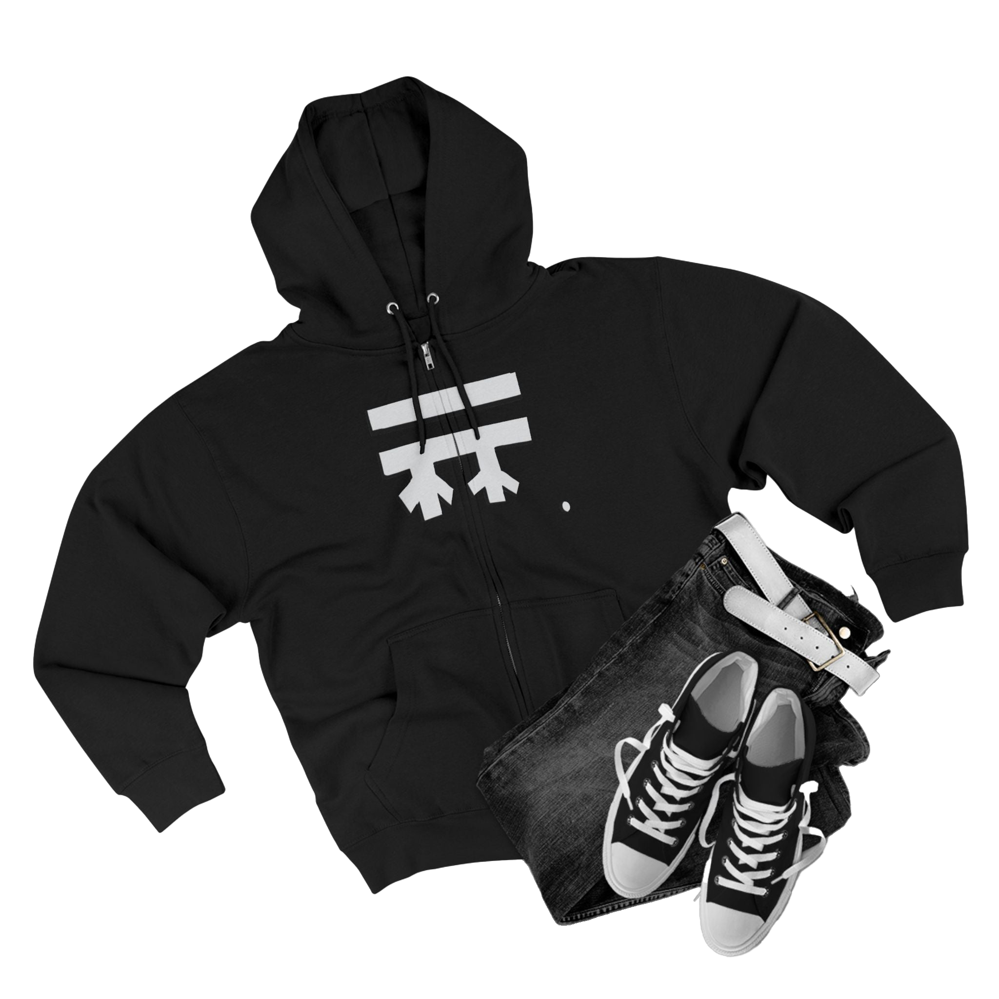 Black Full-Zip Casual Street wear Hoodie with white, black shadow Freebrd Logo including adjustable drawstring hood and kangaroo pocket. Merch does not include pants and shoes seen in photo
