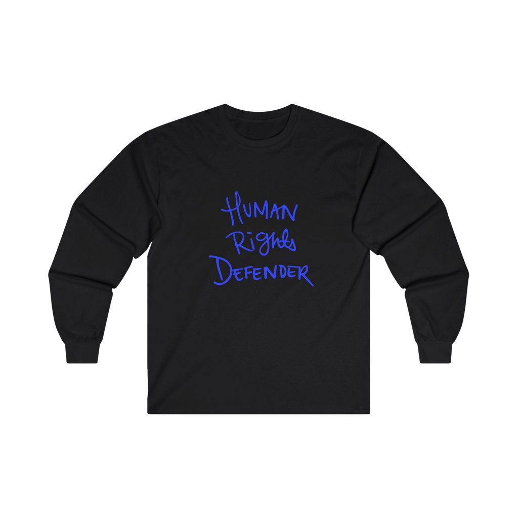 Black long-sleeve shirt with 'Human Rights Defender' in royal blue text 

