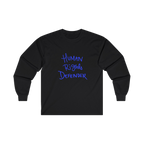 Black long-sleeve shirt with 'Human Rights Defender' in royal blue text 

