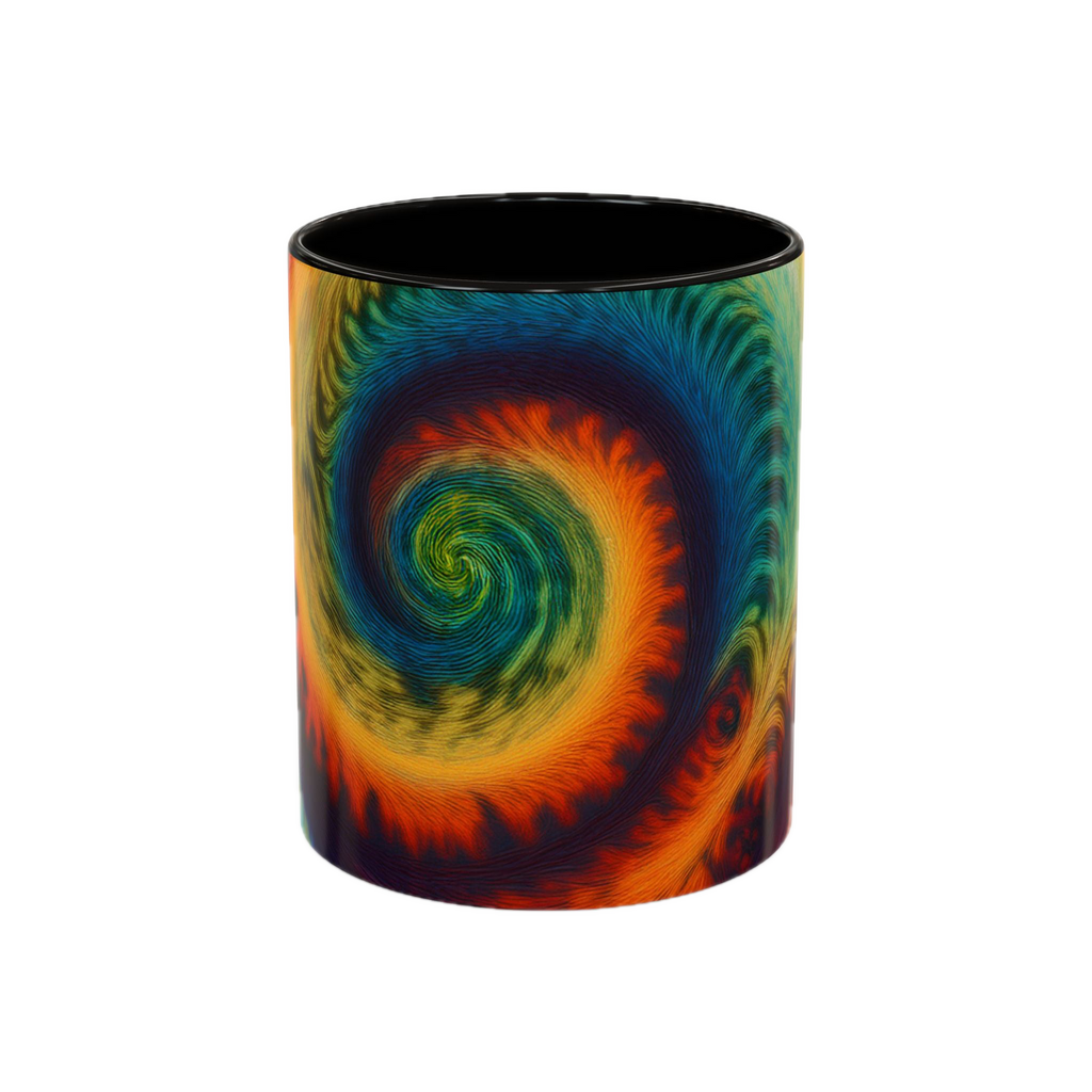 Colorful spiral-patterned mug with black ceramic handle and insides
