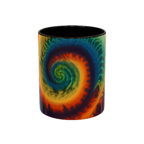 Colorful spiral-patterned mug with black ceramic handle and insides
