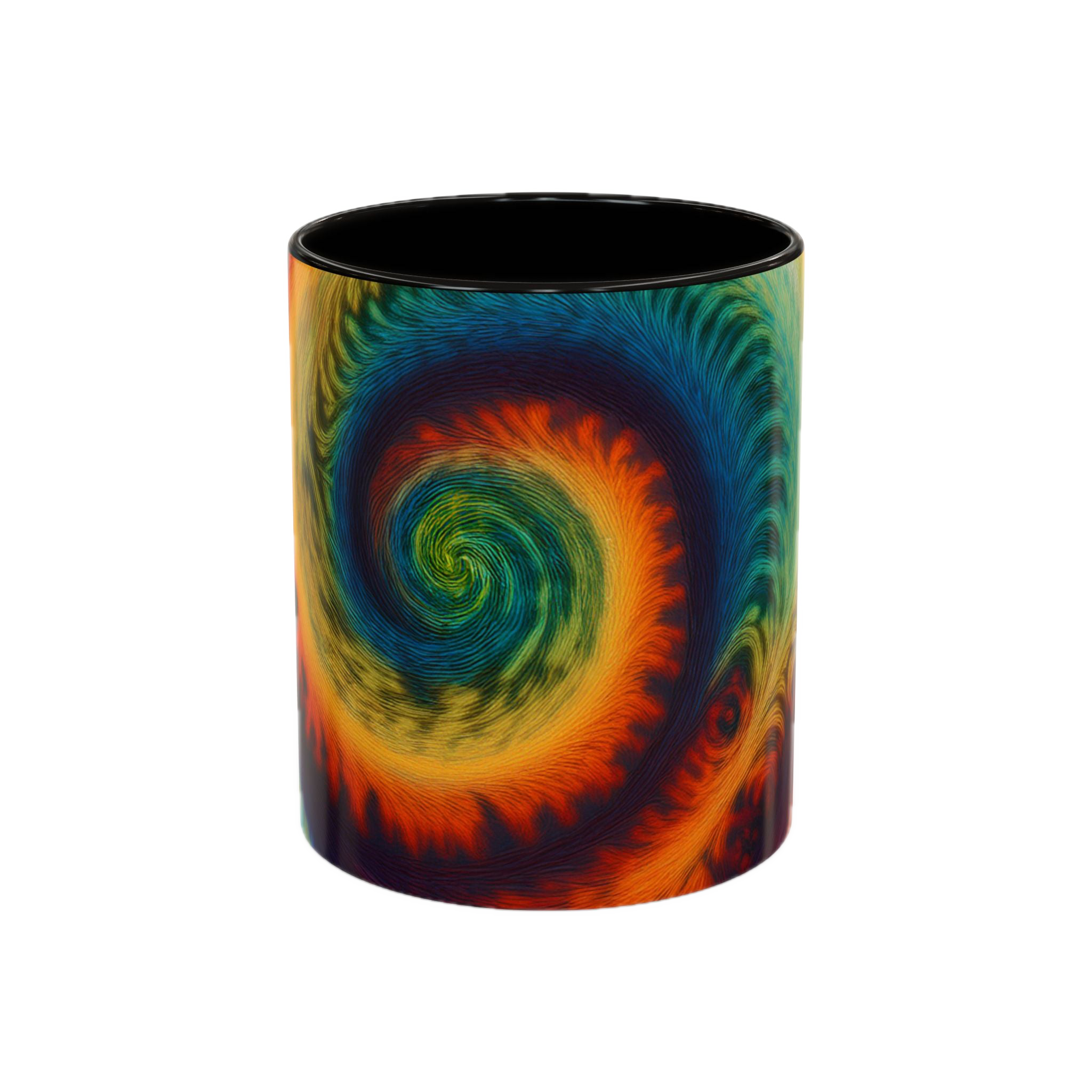 Colorful spiral-patterned mug with black ceramic handle and insides

