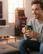 Man holding a colorful psychedelic spiral mug in a living room with an arcade machine in the background