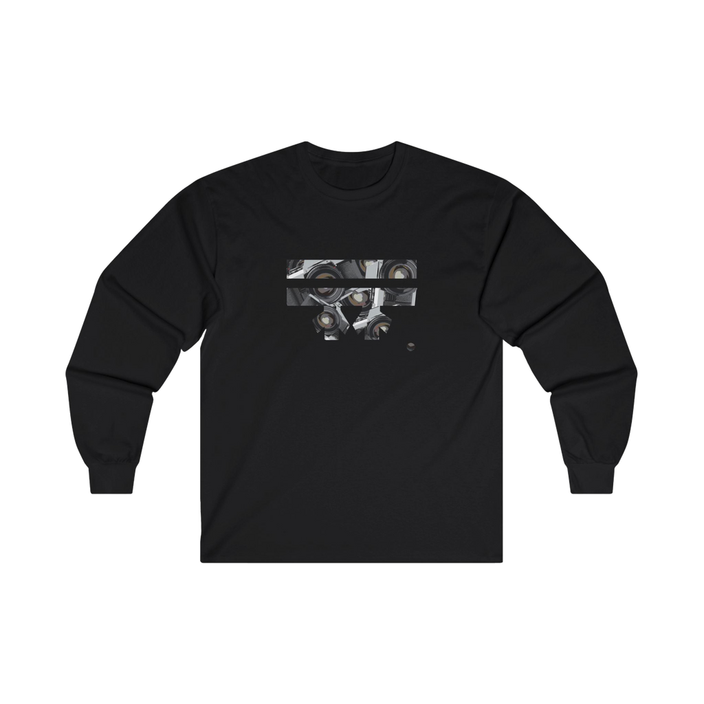 Black long-sleeve shirt with a black and white Retro Camera Freebrd Logo design
