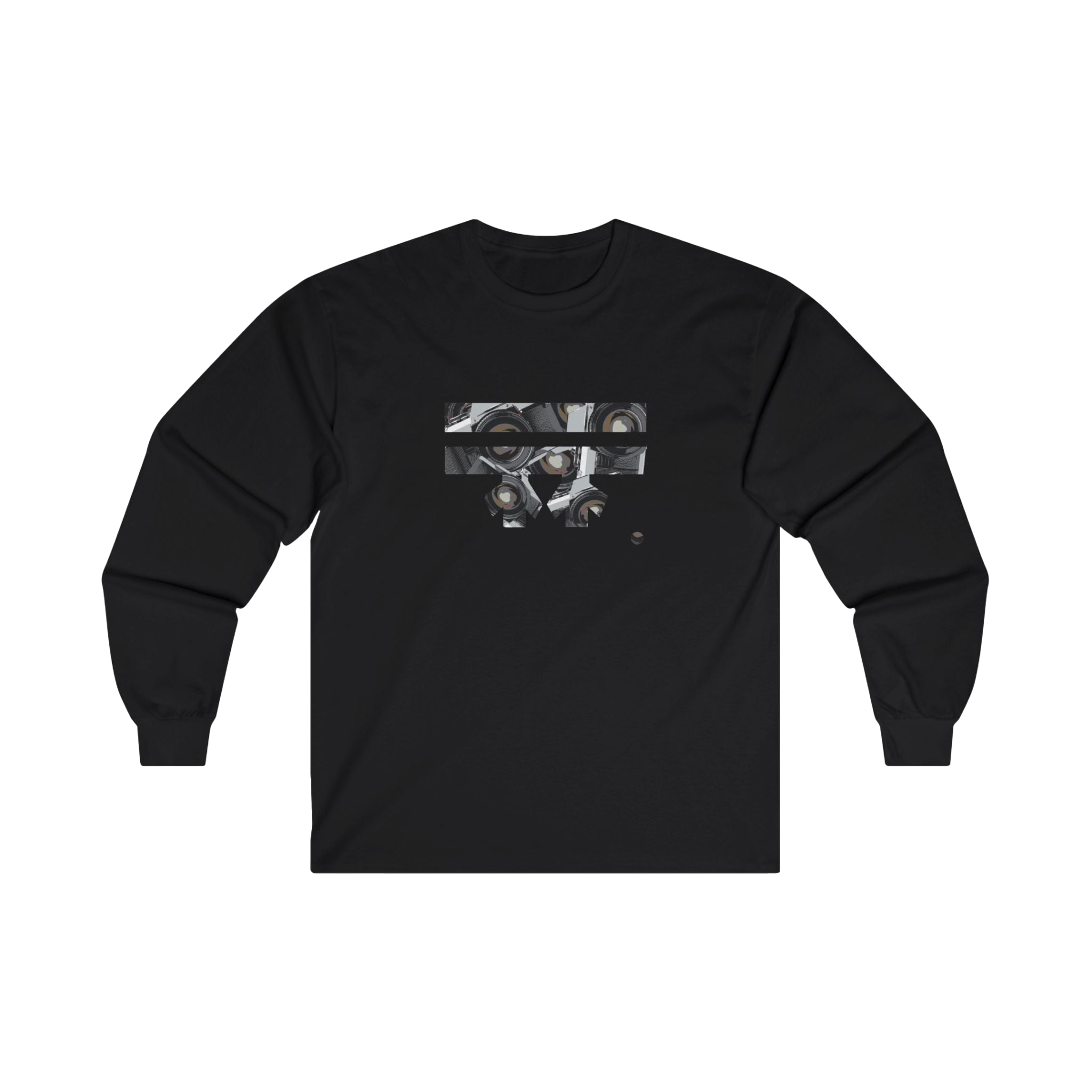 Black long-sleeve shirt with a black and white Retro Camera Freebrd Logo design
