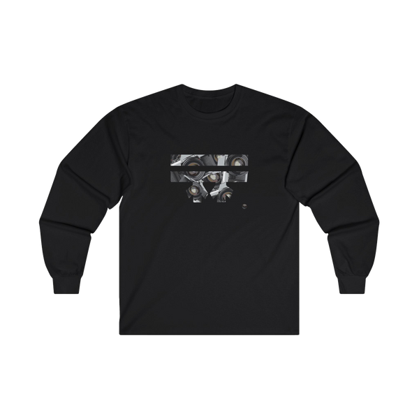 Black long-sleeve shirt with a black and white Retro Camera Freebrd Logo design
