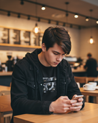 Person sitting at a table in a cafe, wearing a black Freebrd retro camera long sleeve using a phone