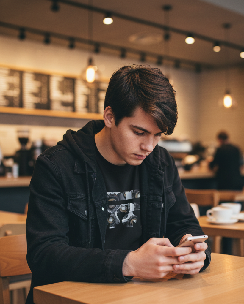 Person sitting at a table in a cafe, wearing a black Freebrd retro camera long sleeve using a phone