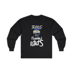 Black long-sleeve shirt with 'Trans Rights Are Human Rights' in white text and rainbow design 

