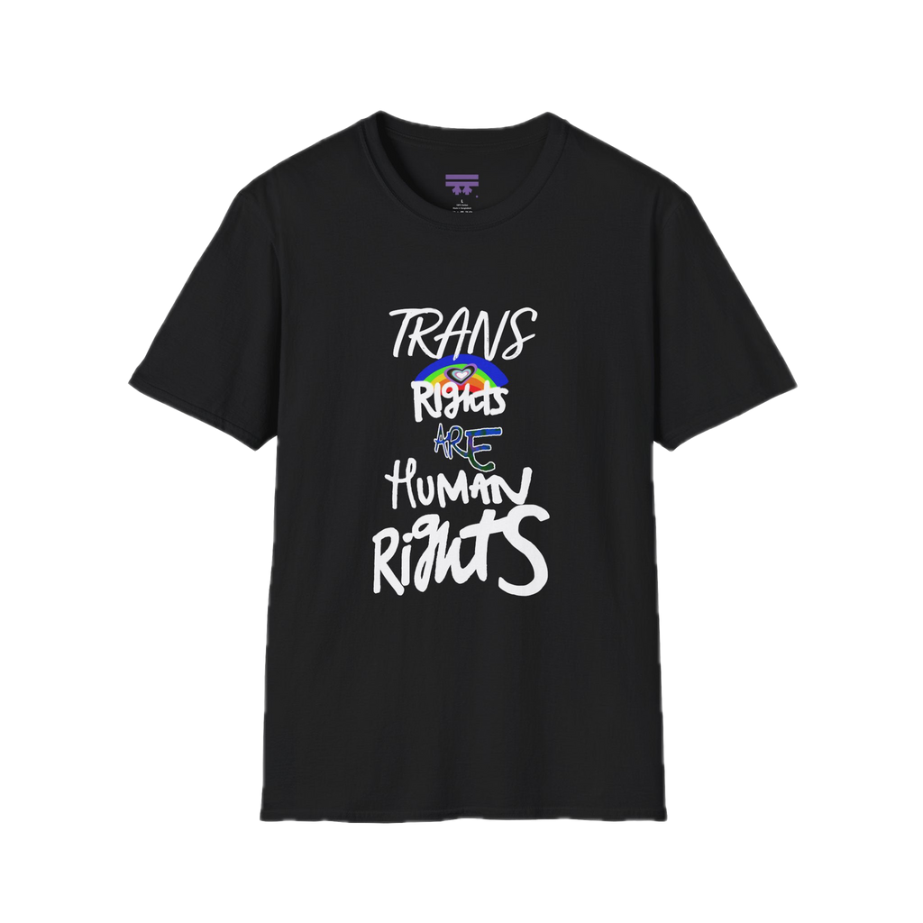 Trans Rights Are Human Rights T-Shirt with purple Freebrd logo on the inside tag