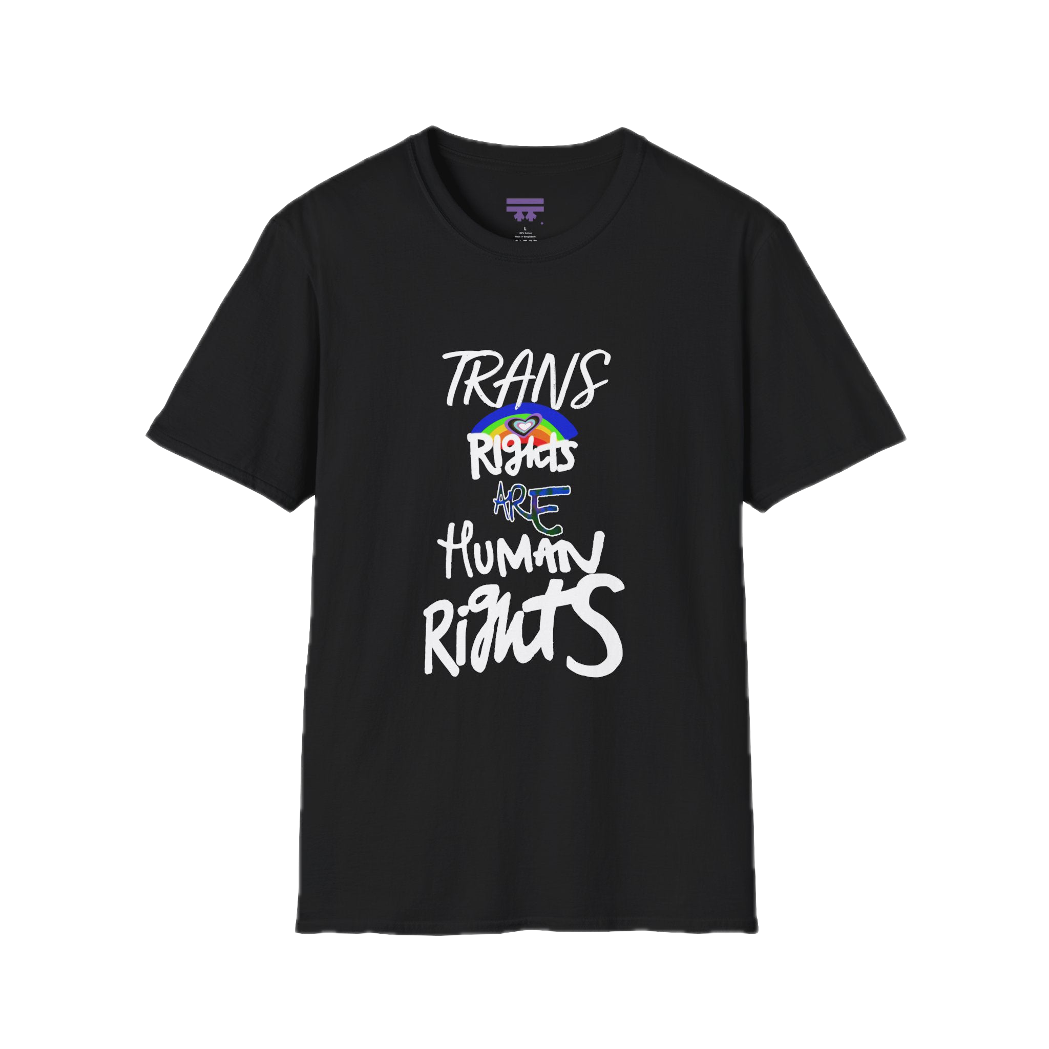 Trans Rights Are Human Rights T-Shirt with purple Freebrd logo on the inside tag