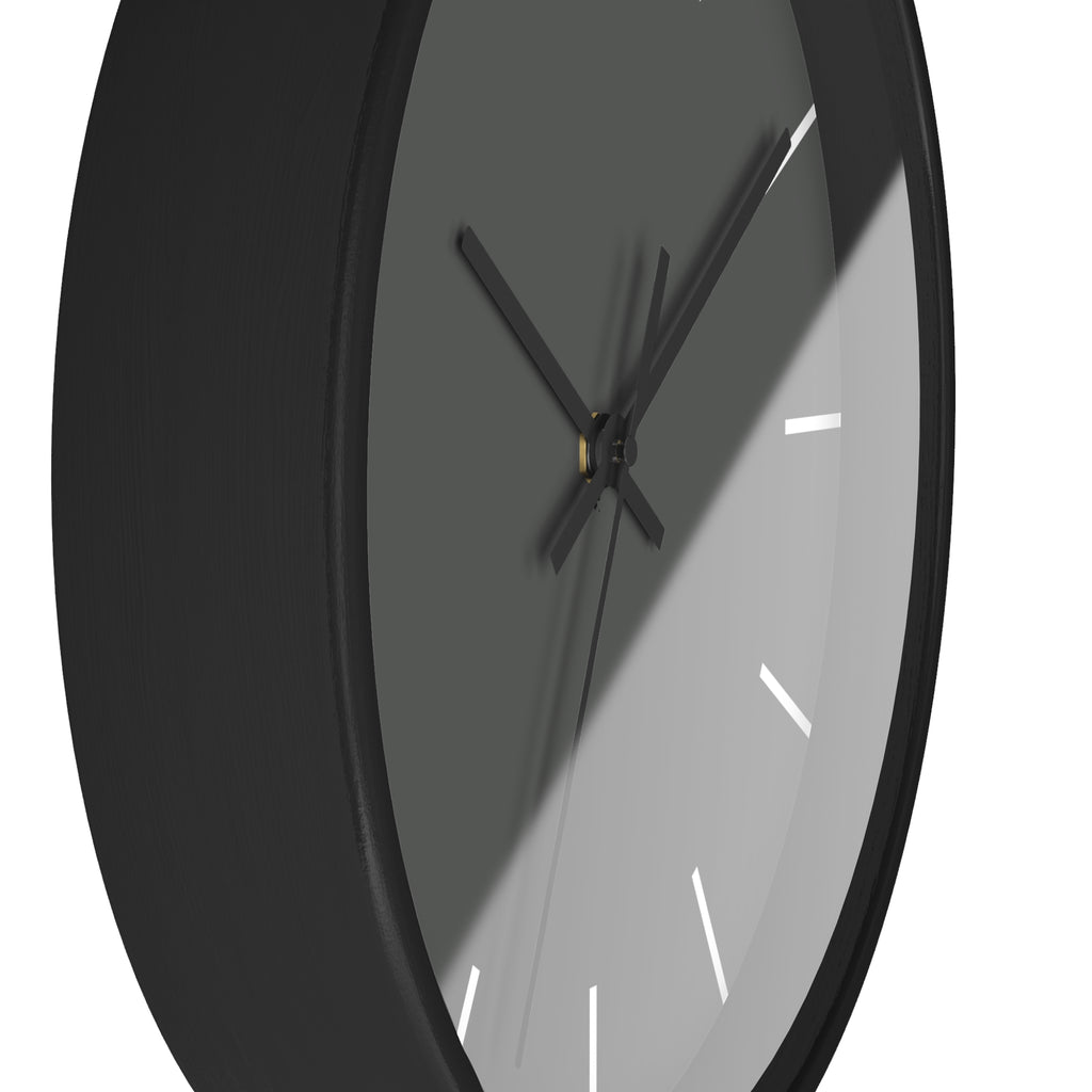 Black Wooden Base Black Hand Atomic Grey Modern Minimalist Silent Wall Clock With White Time Markers Side