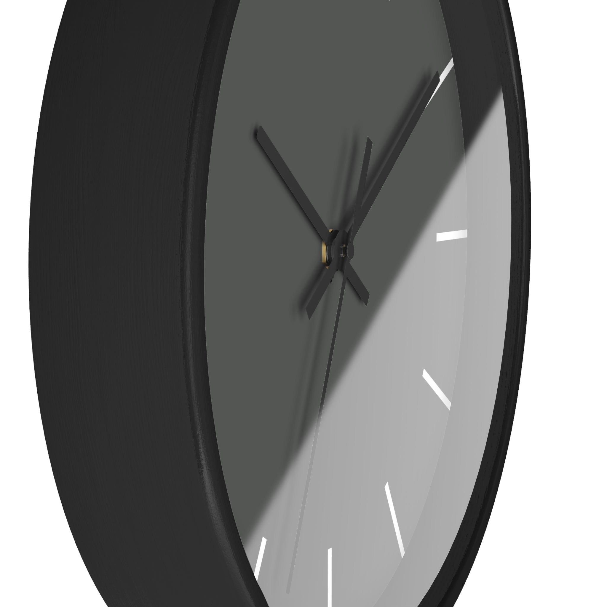 Black Wooden Base Black Hand Atomic Grey Modern Minimalist Silent Wall Clock With White Time Markers Side