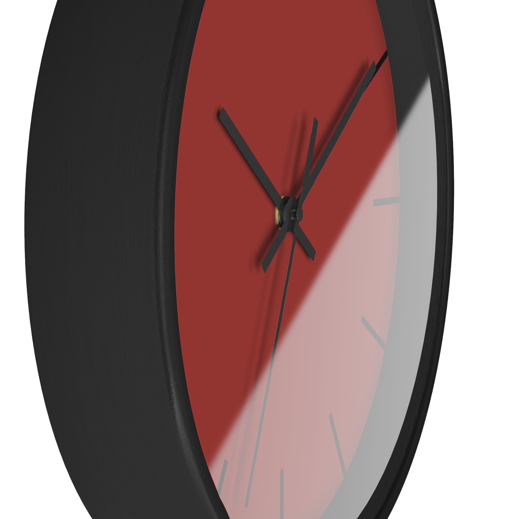 Black Wooden Base Black Hand Brownish Red Modern Minimal Silent Wall Clock With Black Time Markers Side