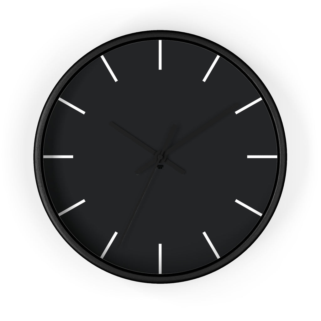 Black Wooden Base Black Hand Modern Minimal Carbon Fiber Black Silent Wall Clock With Off White Time Markers Front 