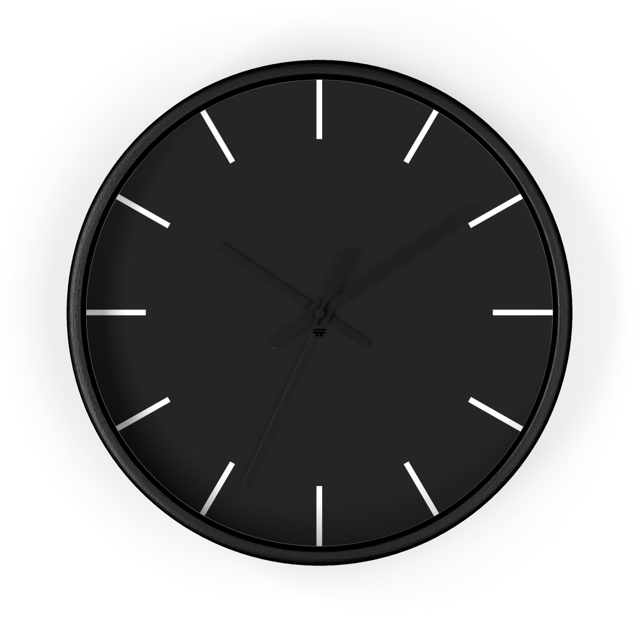 Black Wooden Base Black Hand Modern Minimal Carbon Fiber Black Silent Wall Clock With Off White Time Markers Front 