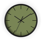 Black Wooden Base Black Hand Modern Minimal Dark Sage Olive Green Quiet Wall Clock With Black Time Markers Front