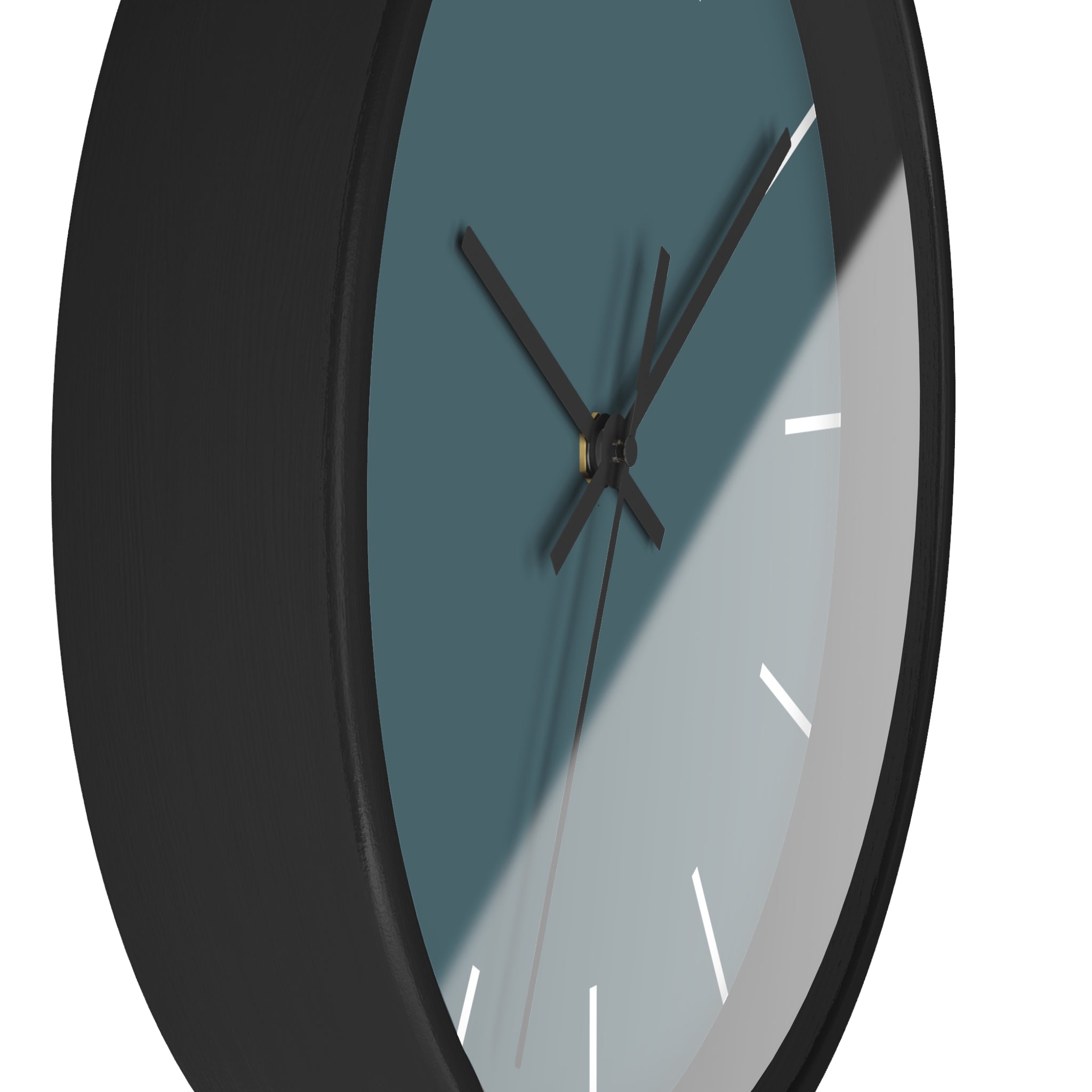 Black Wooden Base Black Hand Modern Minimal Deep Space Sparkle Teal Silent Wall Clock With White Time Markers Side